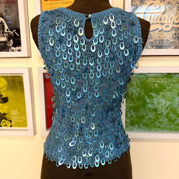 Vintage 90s Teal Crochet Sequin Tank Top - Picture 2 of 5